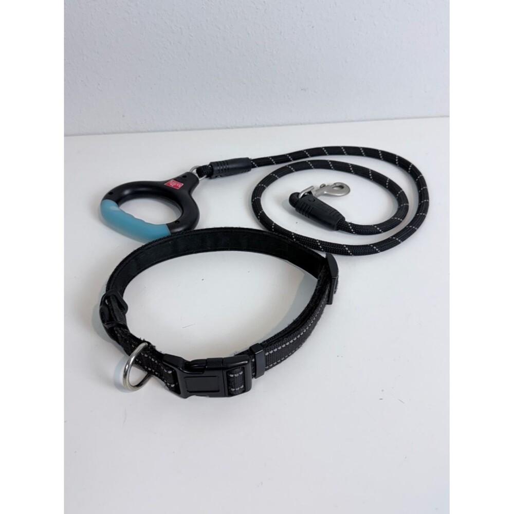 XL Black Neoprene Lined Dog Collar, Leash  & AirTag Holder